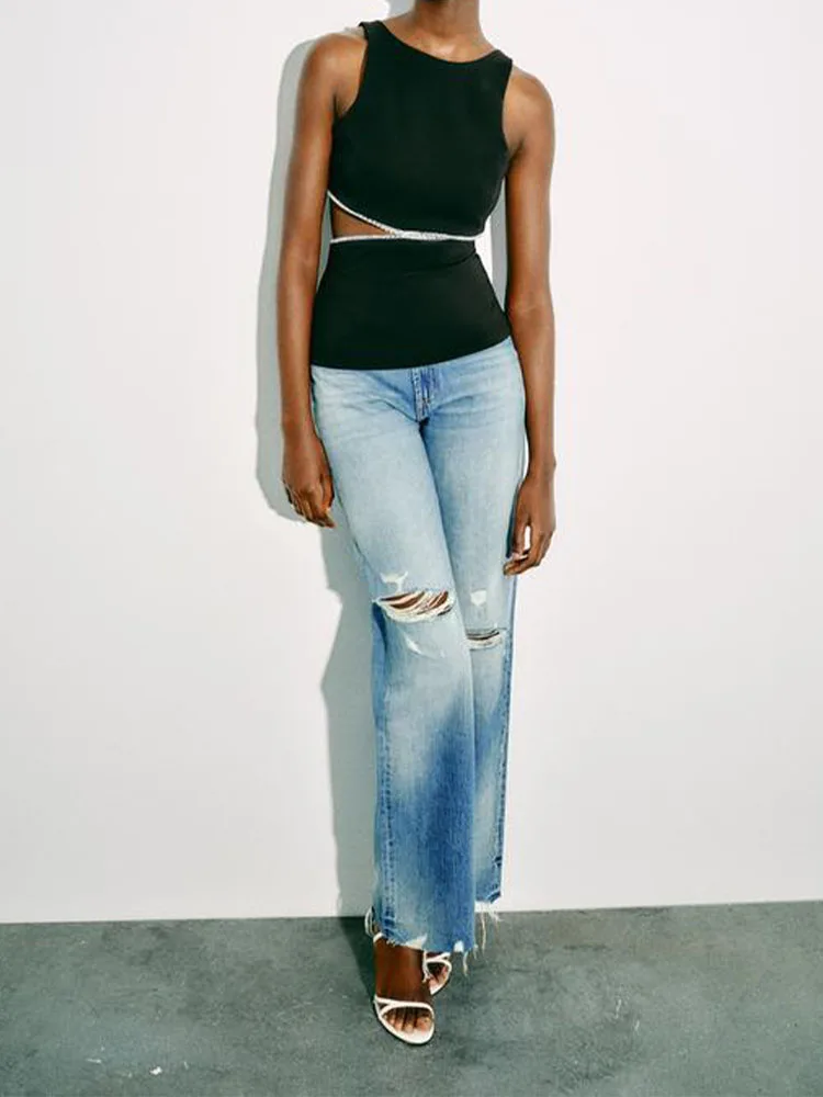 

2024 Summer Trend European and American Style Round Neck Shoulder Strap Sexy Slim Jewelry Inlaid Open Design Top