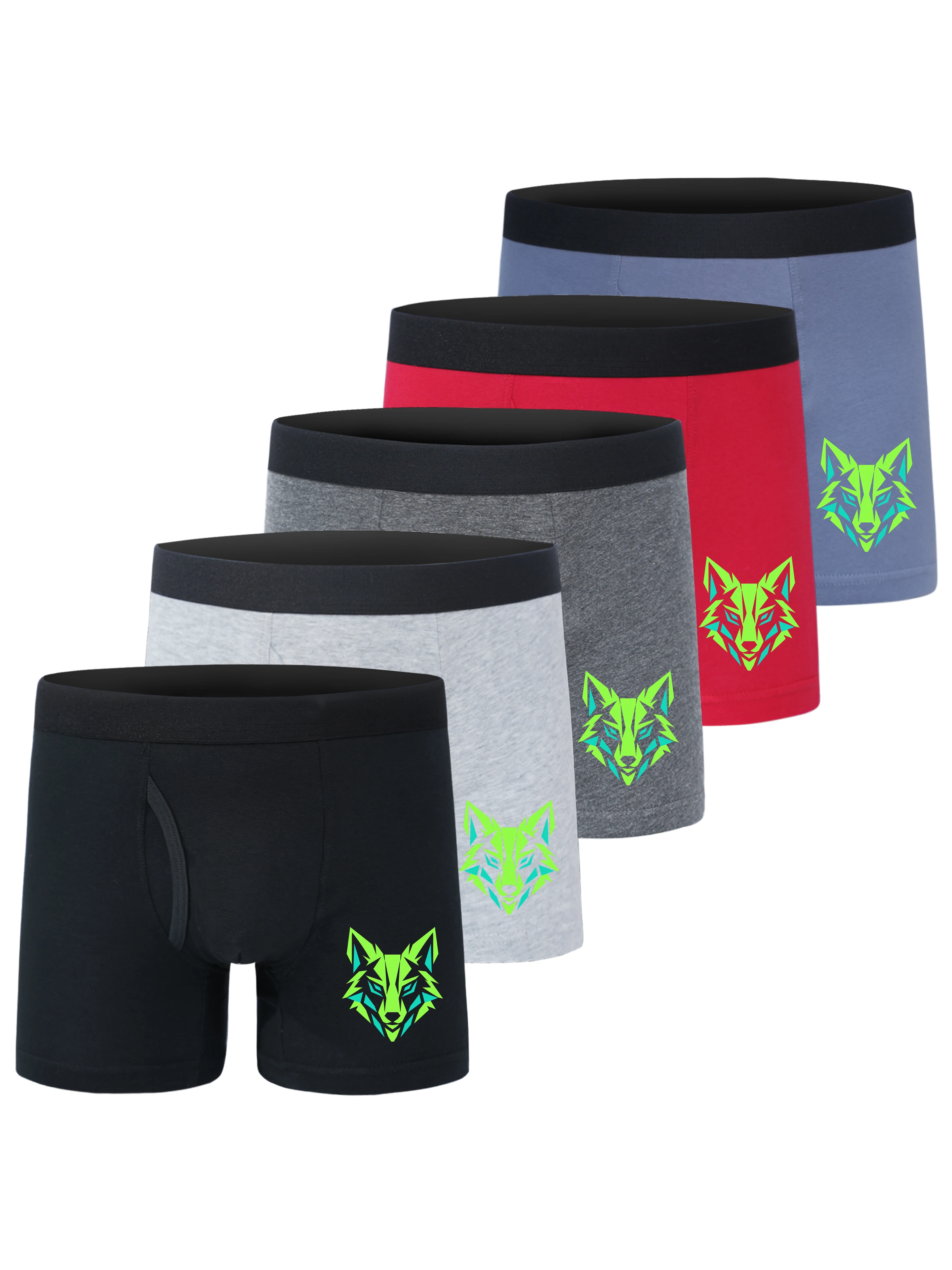 5 Pack 95% Cotton 5% Elastane Boys Open Fly Boxer Briefs Neon Wolf Head Print Kids Soft Breathable Underwear For Boys