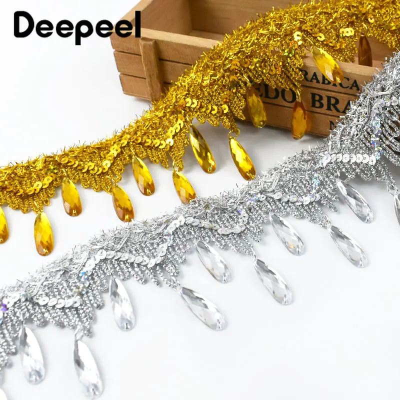 1/2/5Meters 7cm Gold Silver Sequins Tassel Lace Trim Diamond Pendant Fringe Ribbon Stage Clothes Dance Dress Sewing Accessories