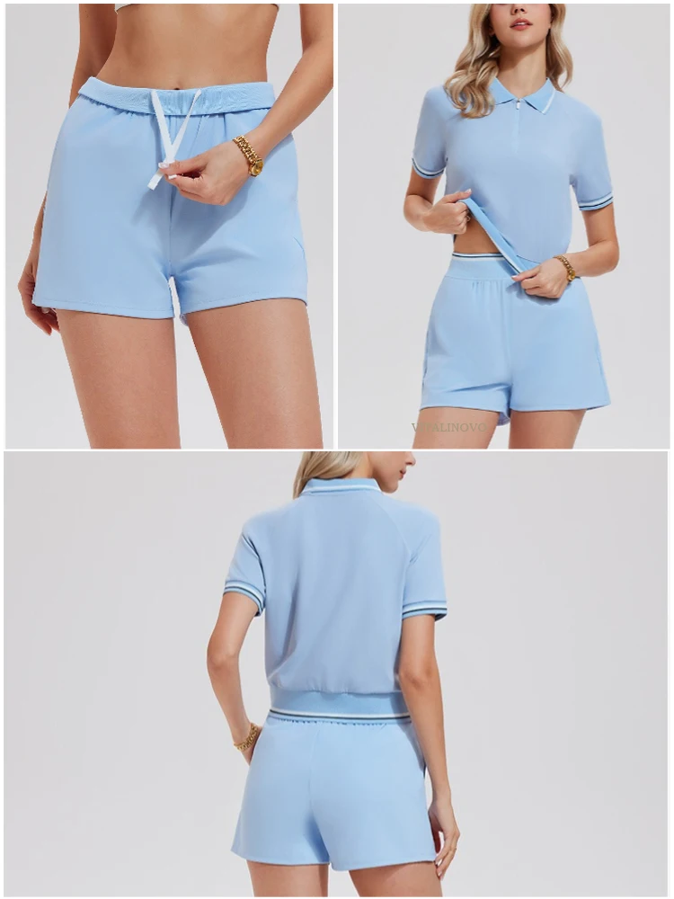 VITALINOVO 2-teiliges Workout-Set für Damen Poloshirts mit Kragen Hochgeschnittene Laufshorts Zweiteiliges Passendes Trainingsoutfit – Detail 6