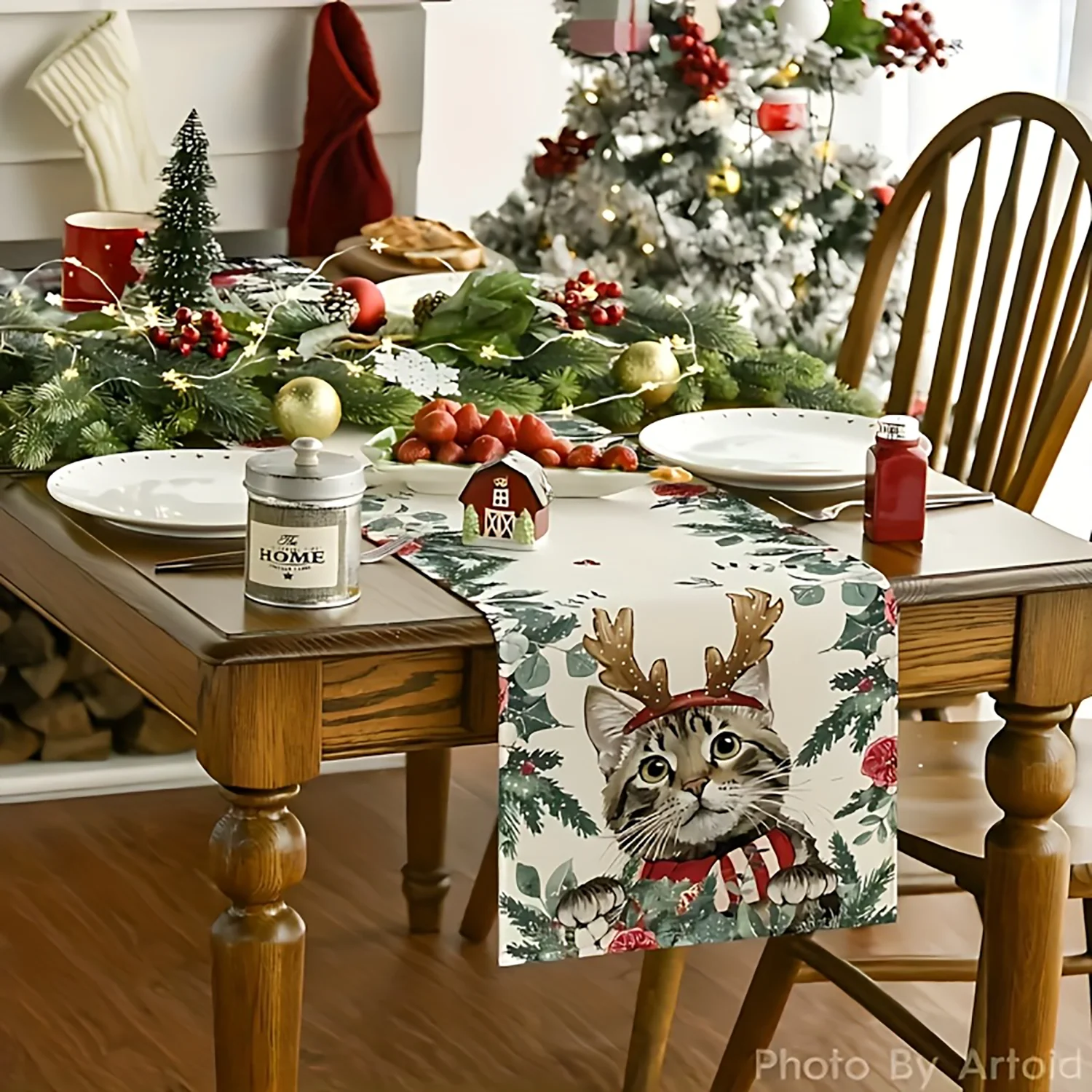Christmas Cat Table Runner  for Kitchen Dining Decor, Farmhouse Party, Seasonal Winter Holiday Home Decoration