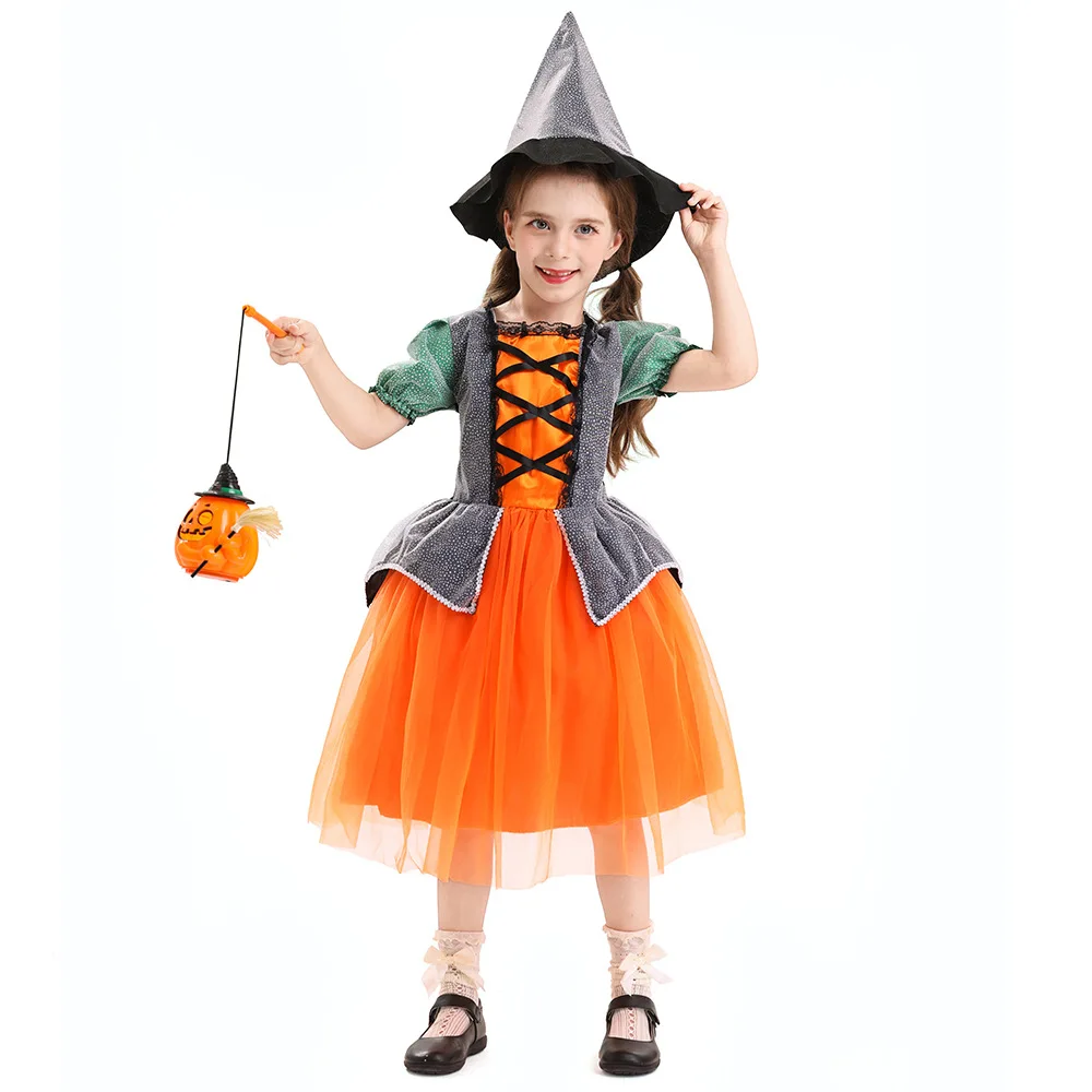 

Classic 2025 Pumpkin Witch Dr for Girls loween Par Me Skirt Performance Costume Children's Clothing Polyester Material