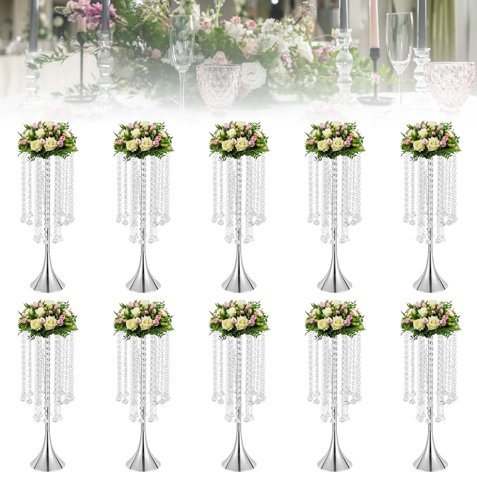 10Pcs Crystal Flower Vases Wedding Centerpieces Props Table Event Party Stage Tall Trumpet Vase 21.9