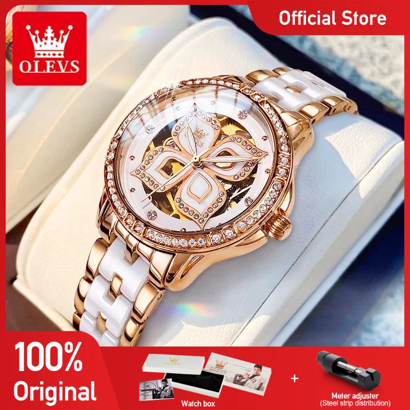 

OLEVS 6612 Ladies Watch Luxury Brand Hollowed Automatic Mechanical Watch Four-Leaf Clover Dial Watch For Women Bracelet Set Box