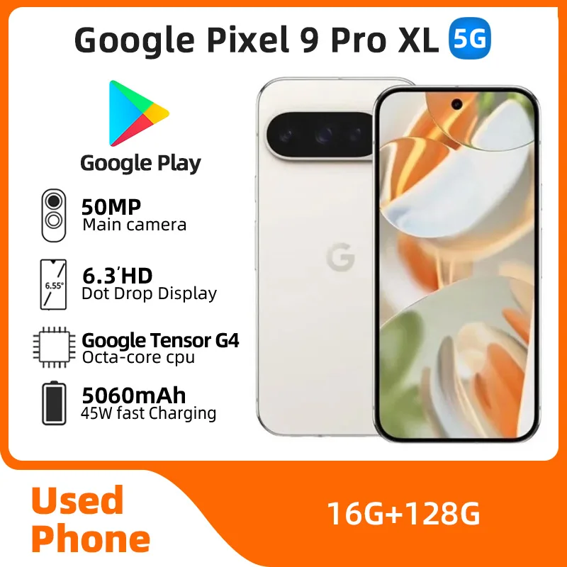 Google Pixel 9 Pro xl 5G SmartPhone 6.3 inch Screen 45W Charge 5060 mAh CPU Google Tensor G4 50MP Camera used phone