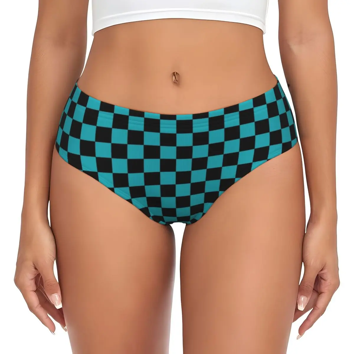 Custom Checkerboard Pattern Black And Cyan Blue Plaid Brief Panties Women Comfort Underwear Valentine's Day Gift Underpants