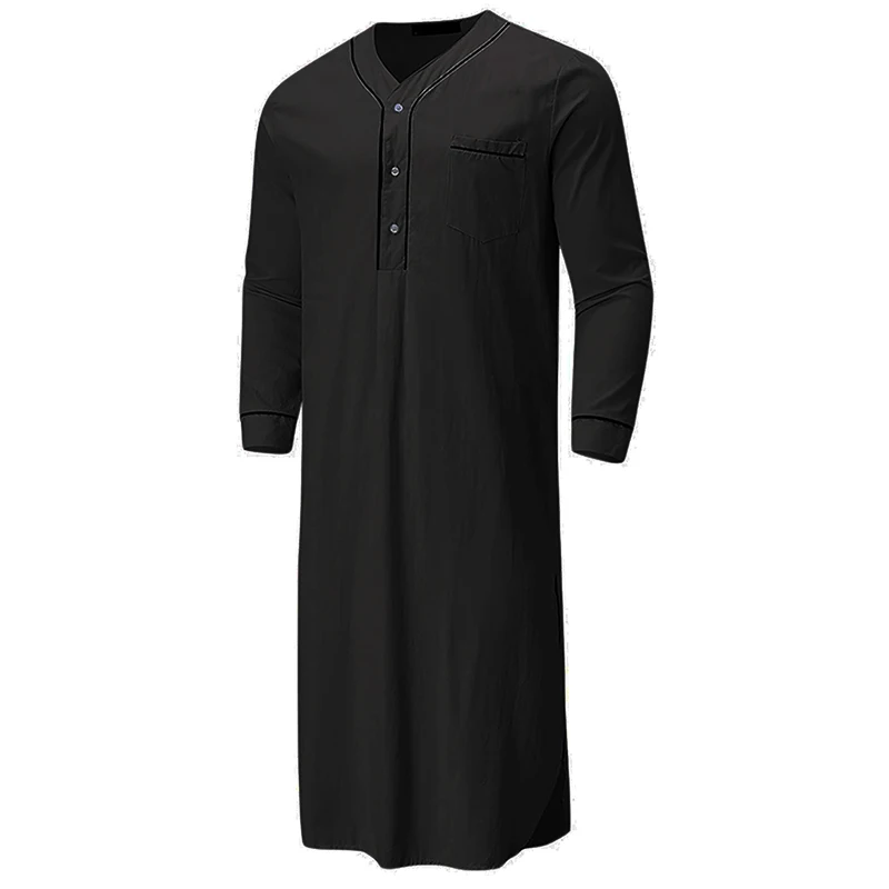 Men V-Neck Linen Robe Roll Up Short Sleeve Solid Long Night Gown Casual Loose Shirt Kaftan Thobe with Pocket