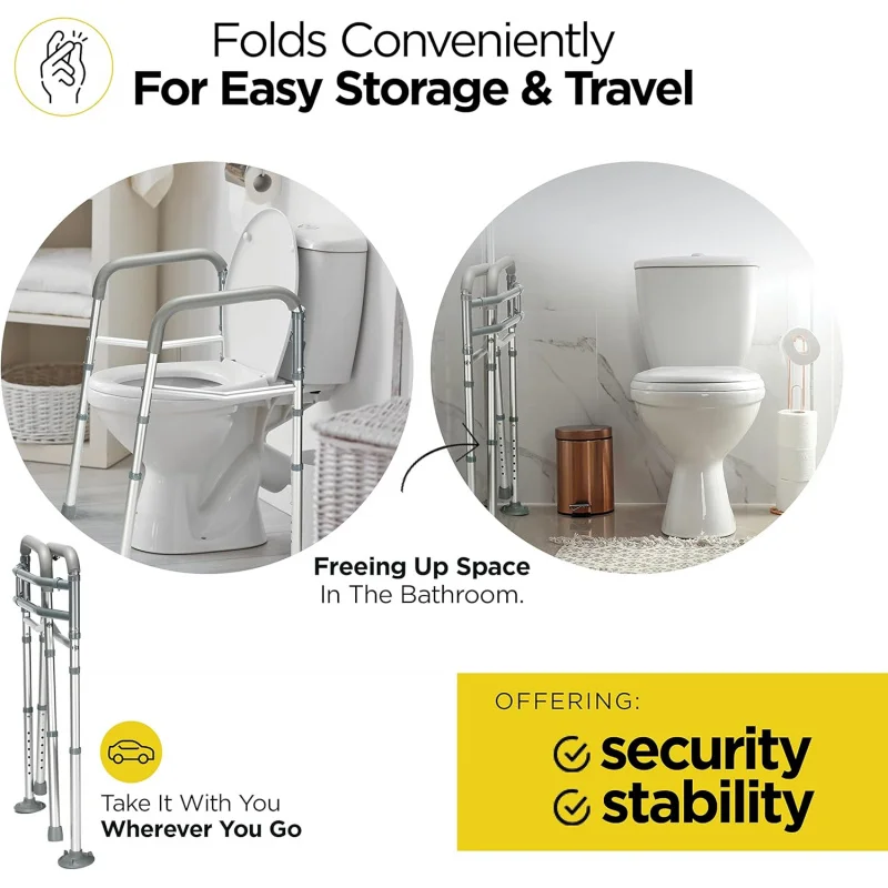 حاجز أمان المرحاض - إطار أمان المرحاض قابل للتعديل وقابل للفصل مع مقابض قضبان أمان المرحاض شديدة التحمل قائمة بذاتها