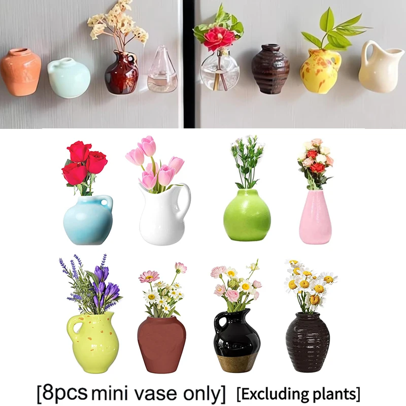 5/8Pcs Random style Mini Ceramic Vases Set with Strong Magnetic Bases for Fridge Office Decorative Bud Vases No Plants Included