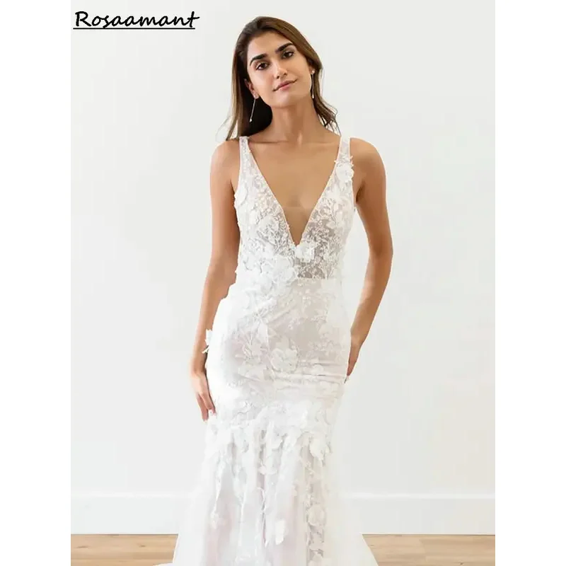 

Charming V-Neck Backless Mermaid Wedding Dresses Illusion Sleeveless Appliques Lace Boho Bridal Gowns