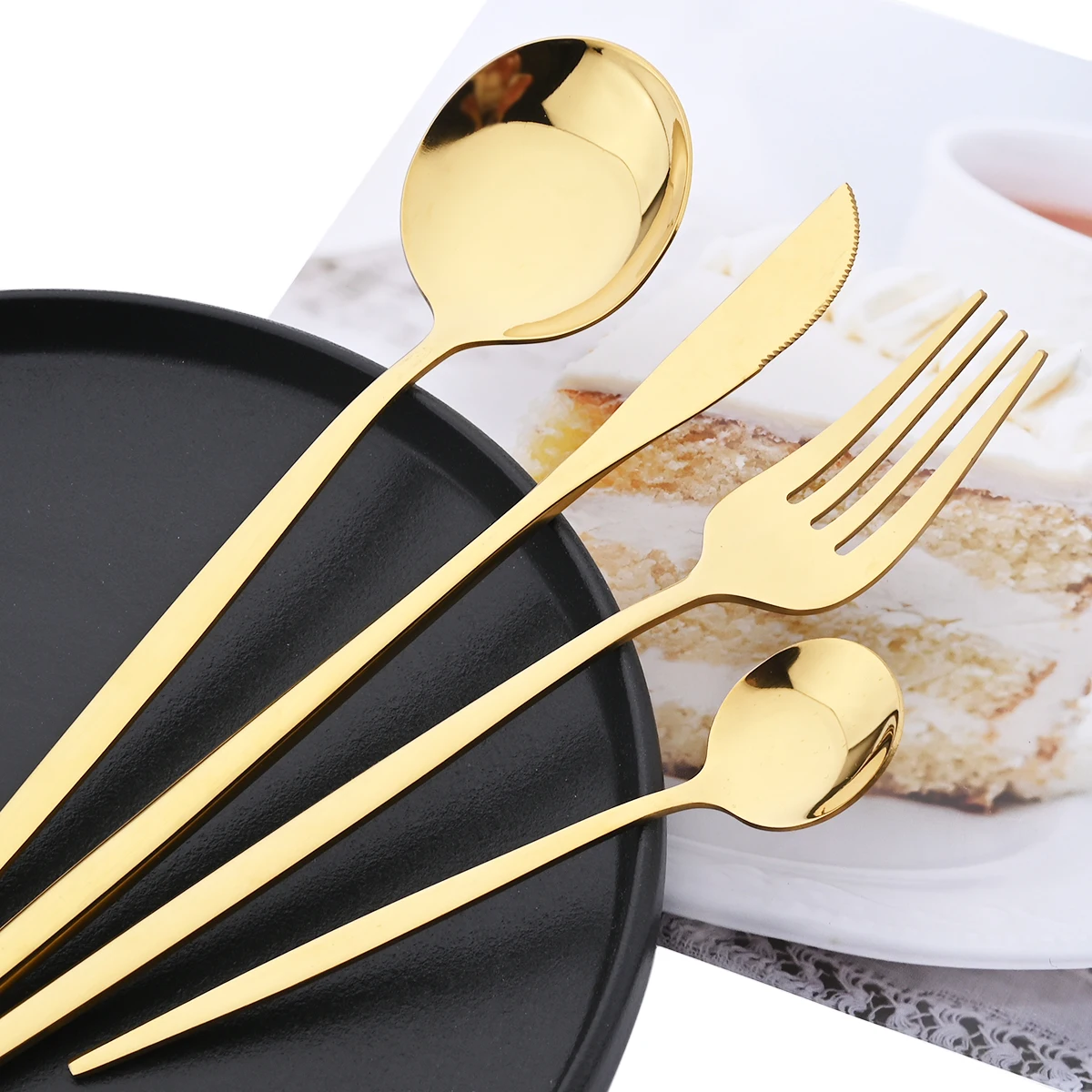 48pcs/Set Gold Cutlery Set Dessert Knife Fork Teaspoon Dinnerware Mirror Stainless Steel Tableware Western Home Kitchen Flatware