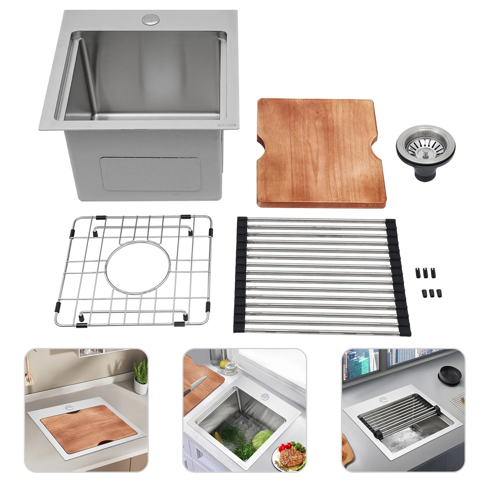 15 * 15 بوصة / 17 × 19 بوصة حوض من الفولاذ المقاوم للصدأ، حوض محطة عمل مستطيل فضي مع لوح تقطيع للمنازل والمطاعم #6