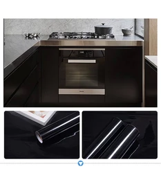 Papel tapiz negro brillante de 80cm de ancho, autoadhesivo de PVC, pegatina impermeable a prueba de aceite, paneles de encimera de cocina, renovación de muebles