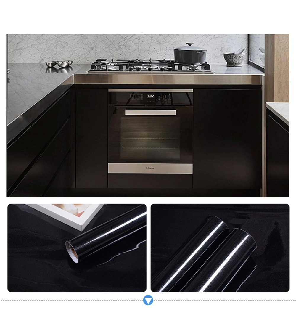 80cm Width Glossy Black Wallpaper Self Adhesive  PVC Waterproof Oil Proof Sticker Kitchen Counter Panels Furniture Renovation