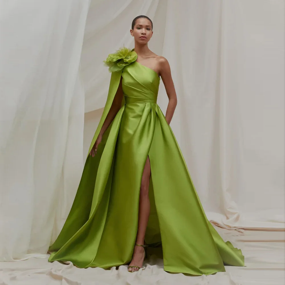 Green One Shoulder Long Prom Party Dresses with Handmade Flowers Arabic Cape Side Slit Formal Dress with Pocket فساتين السهرة