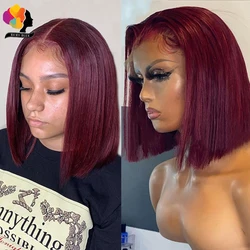 Perruque Bob Lace Front Wig naturelle lisse, cheveux humains, rouge blond 99J, bordeaux, 13x1, pre-plucked