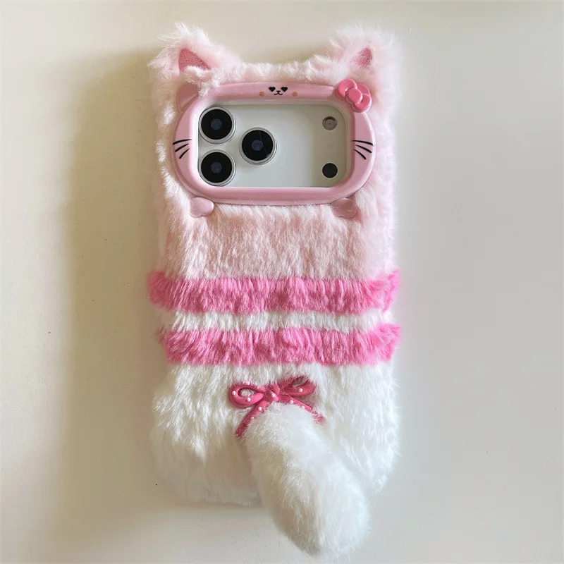 Cute Cartoon Cat Bowknot Warm Furry Fur Plush Phone Case for iPhone 17 Air 16 15 14 13 12 11 Pro Max Shockproof Protective Cover