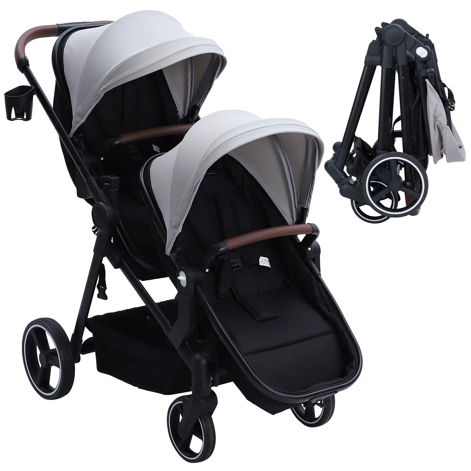 Double Track Tandem Stroller, Foldable Bassinet Pram for Infant and Toddler, Multi-Position Reversible Pushchair with Storage