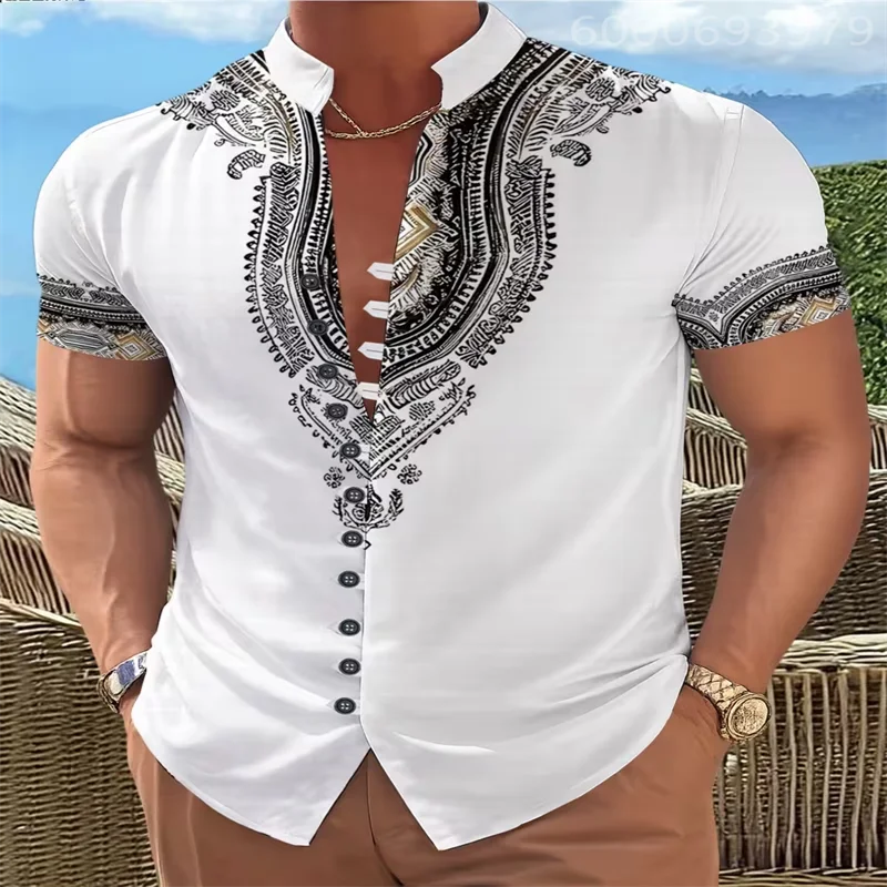 

New men's Henley collar short-sleeved casual shirt with ethnic print, high-quality top, comfortable for everyday wear.