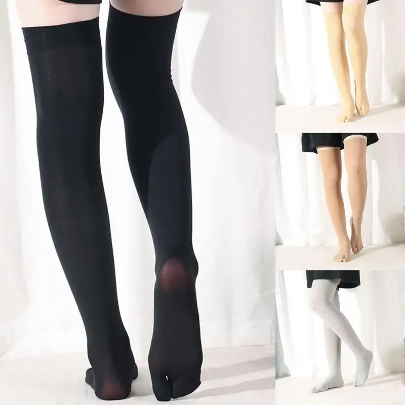 

L5YC Summer Thin Sandal Split Two Toe Long Socks Solid Color Flop Styles Toe Separated Thigh High Stockings For Women