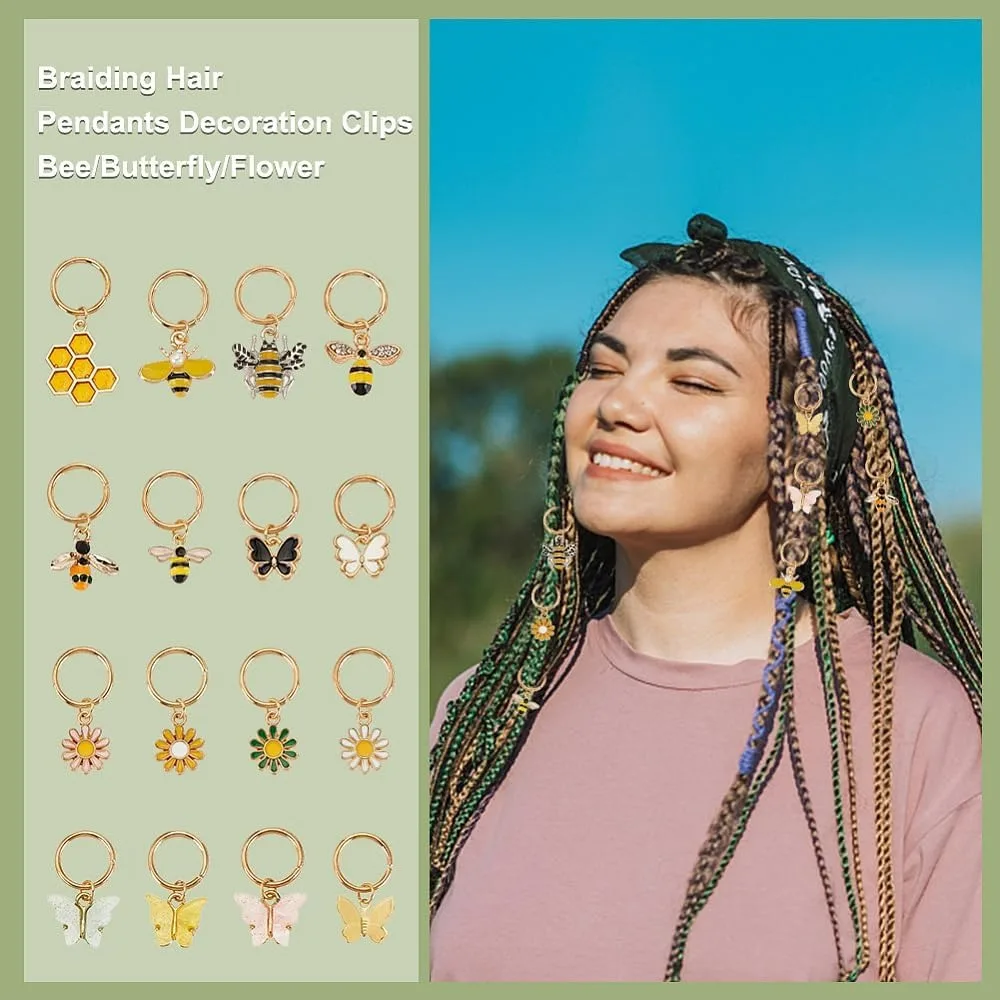 32pcs 16 Style Braiding Pendants - Butterfly Hair Clips, Flower Charms, Colorful Jewelry Making Accessories for Locs and Braids