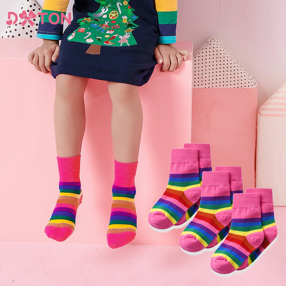 

DXTON 3 Pairs Children Socks Striped Socks For Kids Girls Rainbow Patchwork Comfortable Knitted Toddler Short Socks
