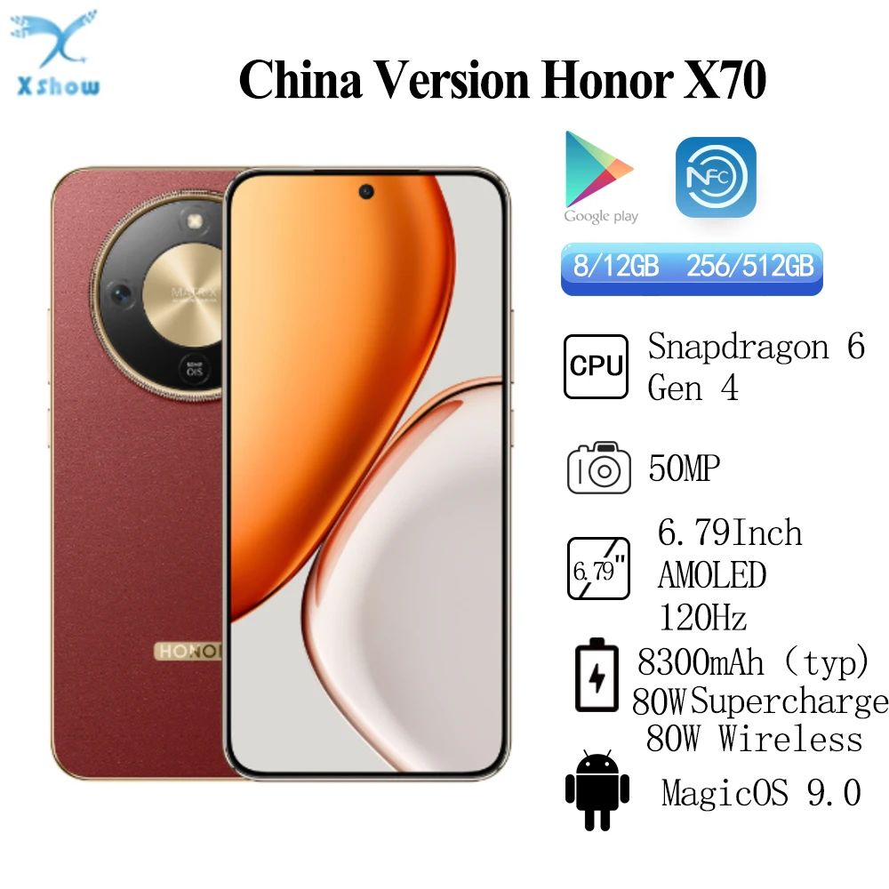 Honor X70 Snapdragon 6 Gen 4 بطارية 8300 مللي أمبير في الساعة 80 وات SuperCharge 6.79 بوصة AMOLED 120 هرتز 50 ميجابكسل كاميرا خلفية OIS NFC OTA تحديث