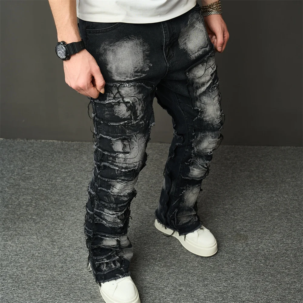 Streetwear HipHop Men Ripped Spliced Patch Straight Jeans Stylish Male Distressed Loose Biker Denim Pants