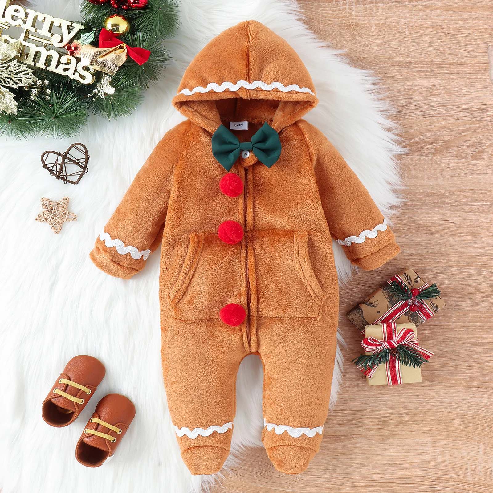 Autumn And Winter New Style For Boys And Girls Aged 0-1, Casual And Cute Fluffy Coffee Color Christmas Jumpsuit