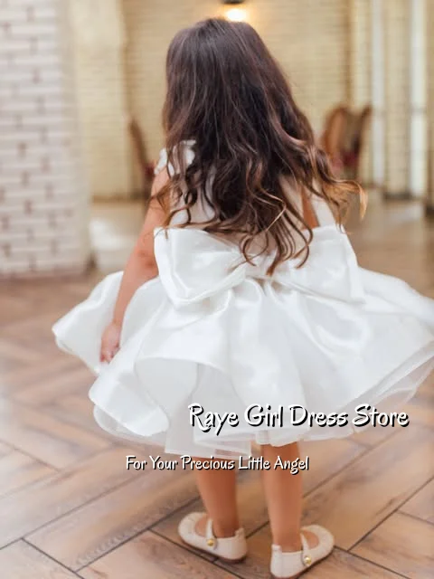 Flower Girl Dress For Wedding Birthday Pageant A Line Short Puffy Gown Satin Sleeveless Shoulder Bow Round Neck Gowns Customized
