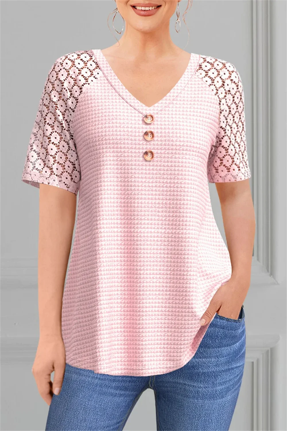 Camiseta de retazos de encaje de talla grande para mujer, Tops lisos con cuello en V, Camiseta holgada informal de manga corta, ropa para mujer, camisetas para mujer