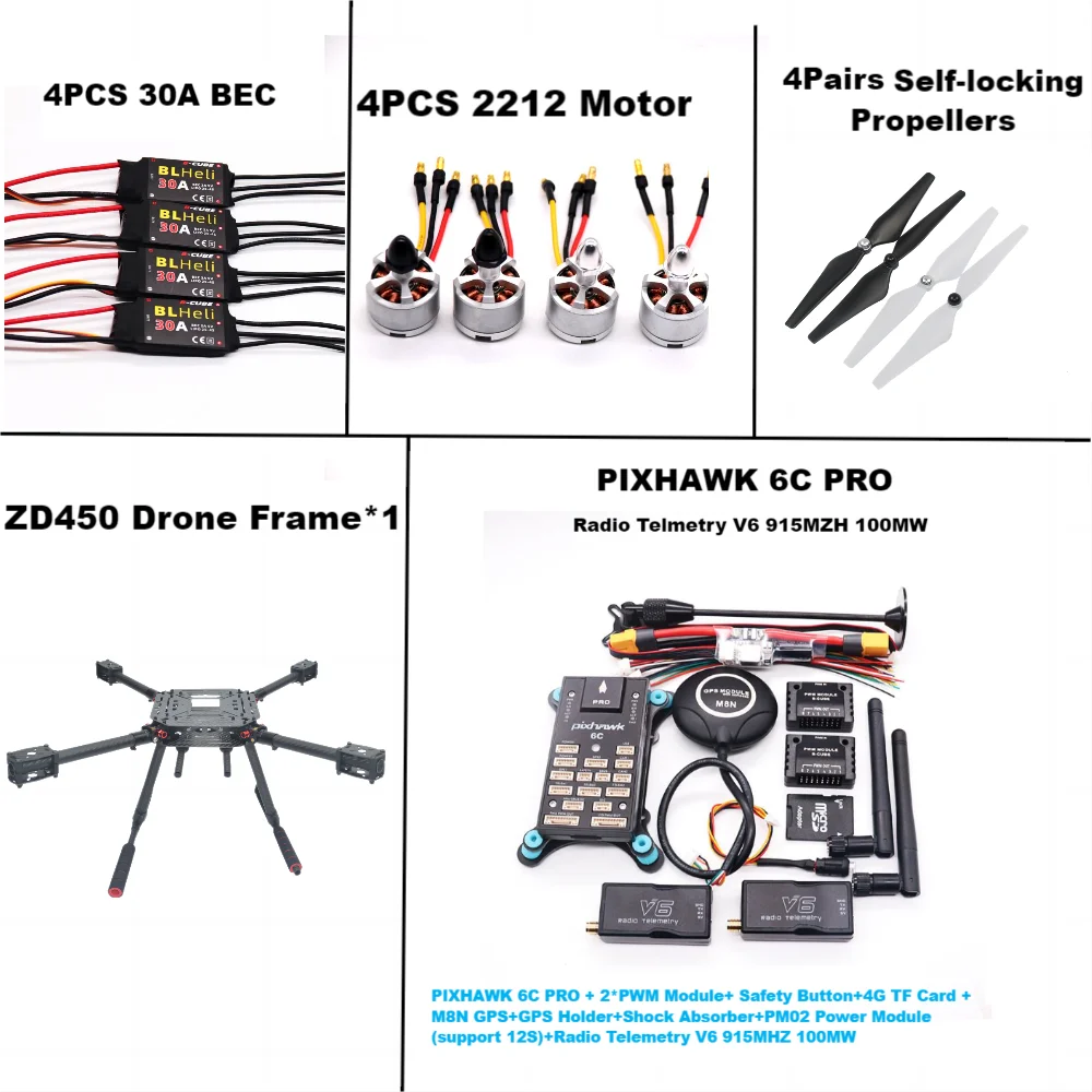 PIXHAWK 6C PRO contrôle de vol M8N /M9N Fiber de carbone 450 Kit de cadre Ardupilot radio télémétrie quadrirotor BLHELI 30AESC 2212 moteur