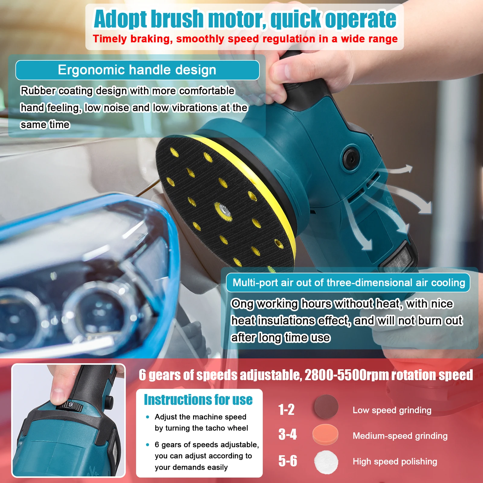 Electric Car Polisher Adapted to Makita battery Cordless Waxing Polishing Grinding Sanding Machine Orbital Sander