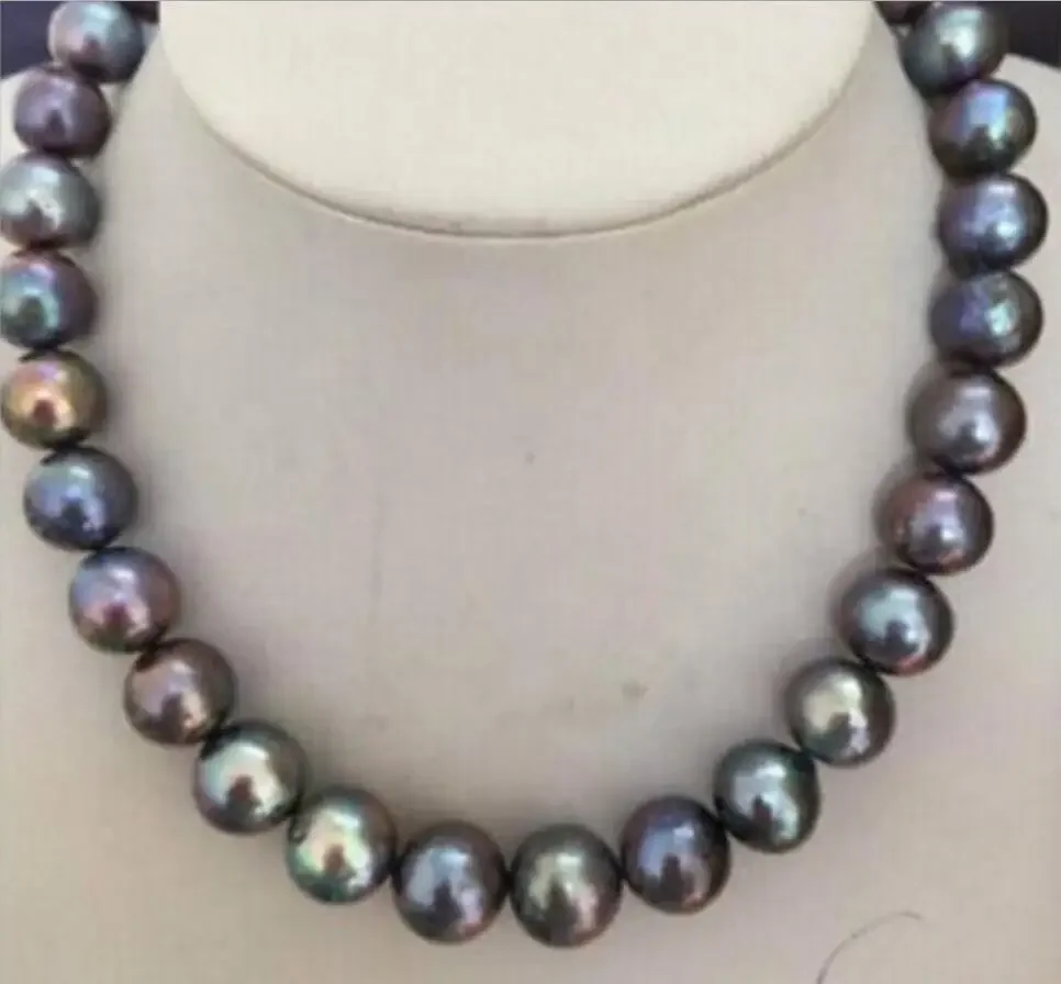 HUGE PERFECT 12-13mm TAHITIAN BLACK RED GREEN PEARL NECKLACE17.5