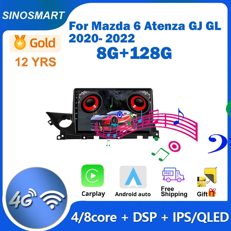 Sinosmart Car GPS Navigation Radio for Mazda 6 Atenza GJ GL 2020- 2022 Auto Radio QLED Screen 8 Core,DSP