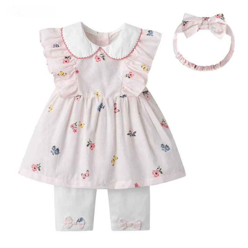 

2024 Kids Princess Floral Sleeveless Shirt + Bowknot Capri Pants + Headband 3Pcs Outfit Newborn Baby Girls Summer Clothes Suits