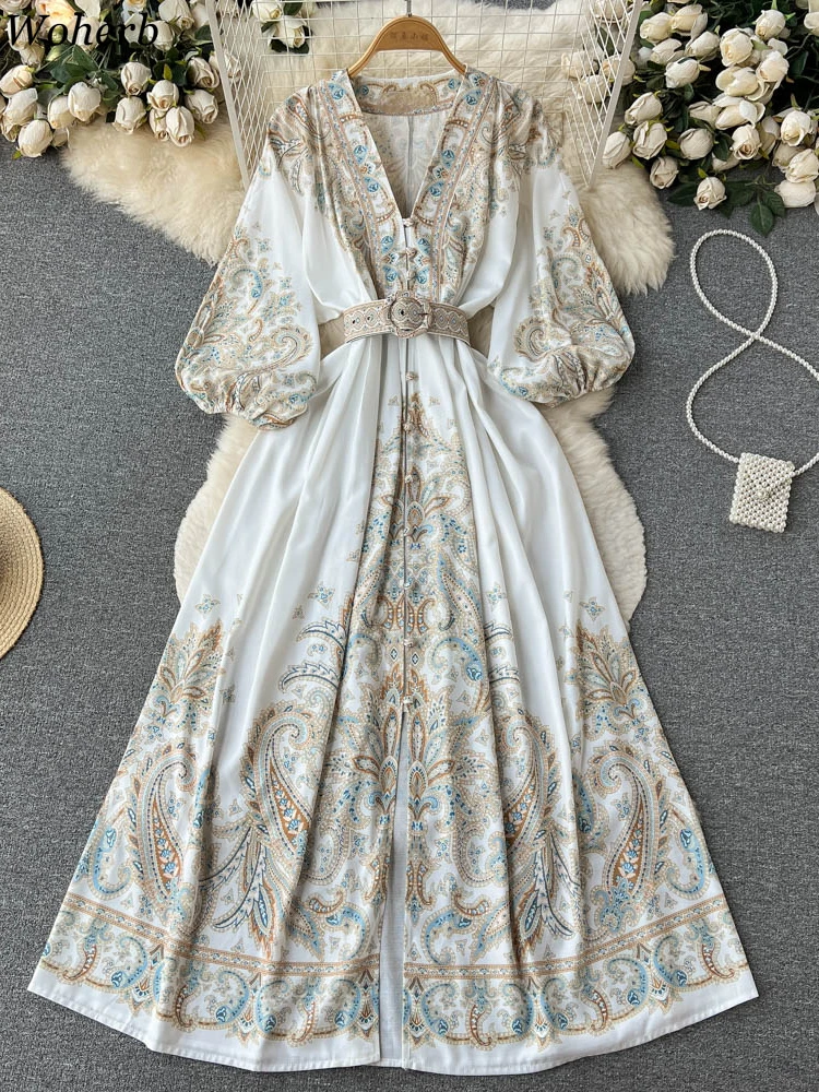 Maxi Dresses for Women Slim Waist Indie Folk Print Robe Femme 2024 Vestidos De Mujer A-line Korean Vintage V Neck Party Dress Wj