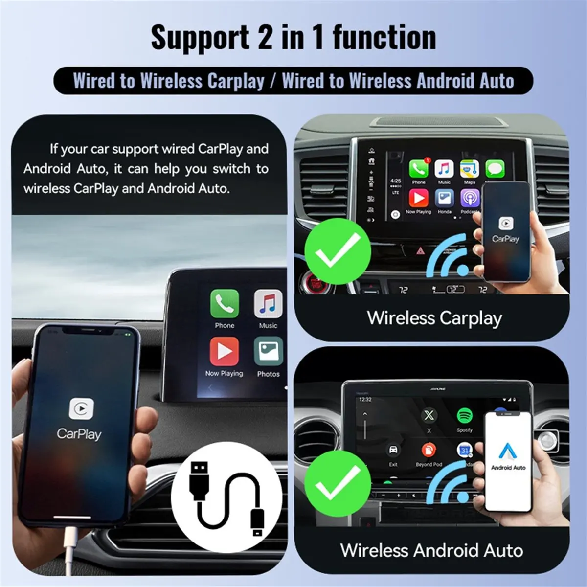 RECOMENDAR】2in1 Wireless CarPlay&Android Auto Box Auto Connect Stable and Fast BT Wifi Easy to Operate Plug&Play AI Carplay Box