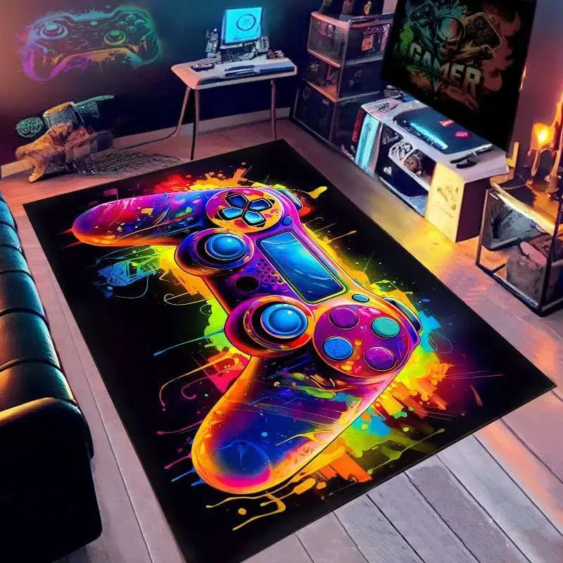 VIKAMA Cyberpunk Neon Gaming Rug Washable Anti Slip Alfombra Large Floor Mat For Game Room Bedroom Streaming Room Home Decor