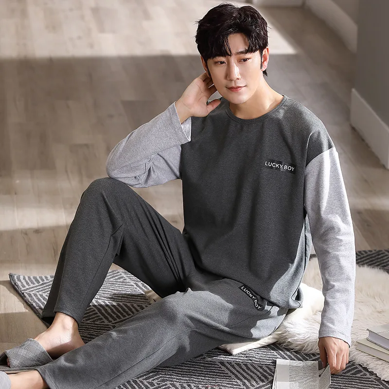 2023 New Style Men's Pajamas Set Spring Cotton Male Pajamas Sets Young Boy Sleepwear Long Sleep Tops + Pant 2pcs/set Pjs Hombre