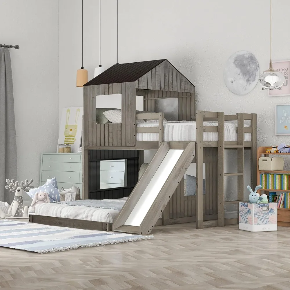 

Bunk Bed for Kids Toddlers, Twin Over Full Bunk Beds with Slide, Playhouse Farmhouse Roof Window Guardrail Ladder