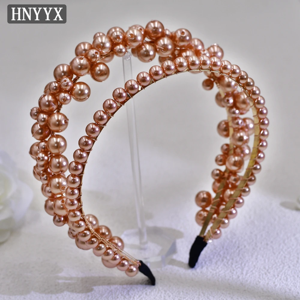 

HNYYX Champagne Pearls Headwear Fashion Double Row headband with Beads vintage Style Pearl Head Hoops A07