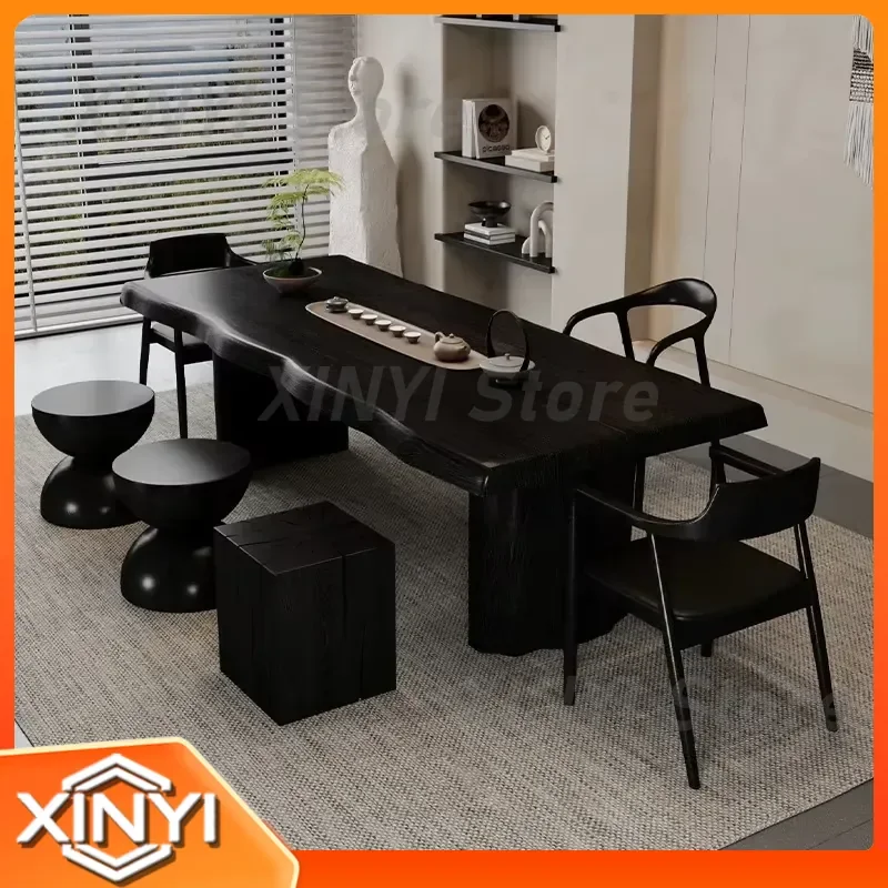Solid Wood Tea Table for Wabi Sabi Style Carbonized Black Large Board Tea Desk Set for Office Home Living Room Modern