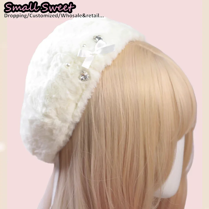 Gothic Harajuku Women's Lolita Spicy Girls Beret Versatile Retro Miss Style Snow Winter Bow Pearl Love Octagonal Cap Christmas