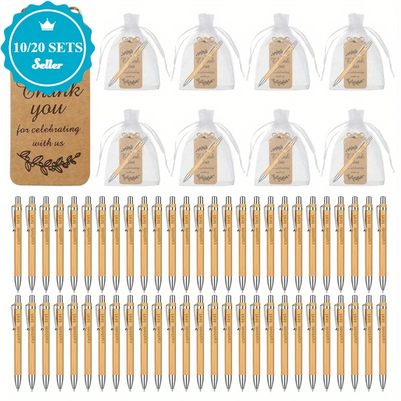 

10/20 Sets Engravable Bamboo Pens with Cowhide Cards & Bags - Rustic Wedding Guestbook Favors Unique Personalized Writing