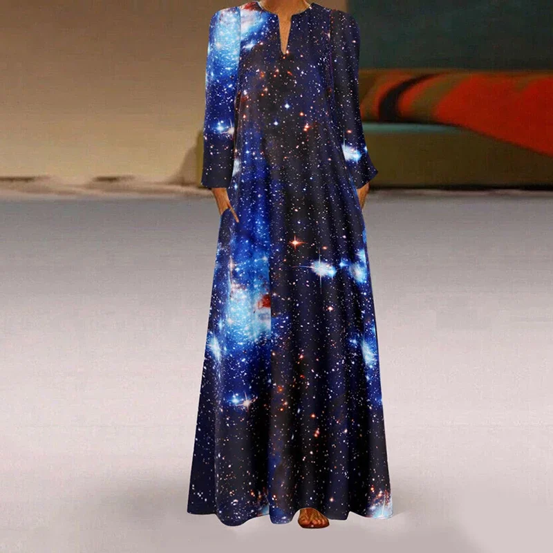 Autumn Winter New Niche Starry Sky Print Women Dresses Casual Elegant V-Neck Long Sleeve Loose Waist Female Vintage A-Line Dress