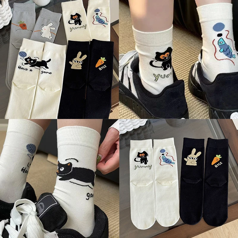 Fashion Kawaii Cute Animal Women Cotton Socks Cat Rabbit Harajuku Socks Autumn Winter Casual Funny Asymmetric Sock