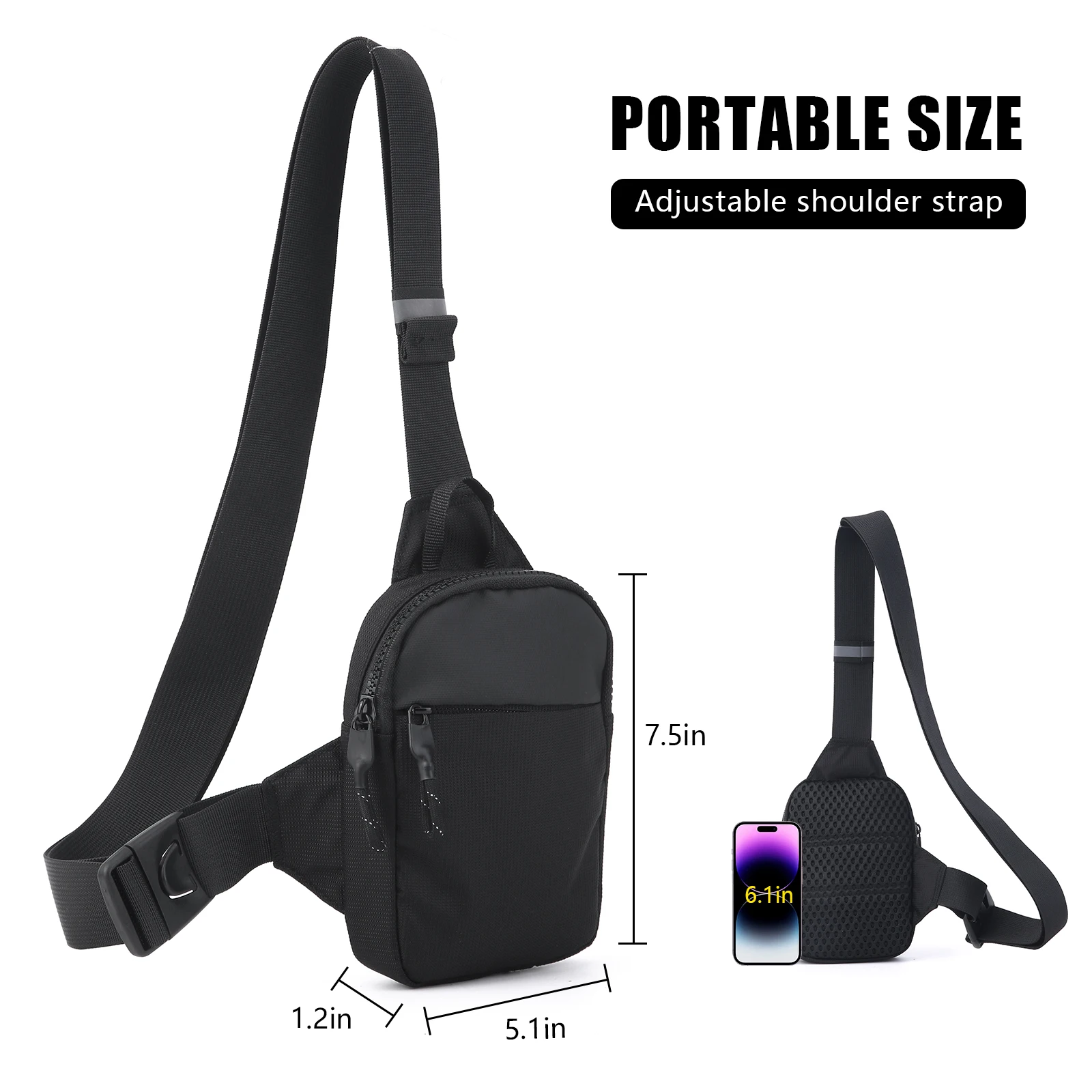 1 men's casual sports chest bag with double-layer zipper pockets, large capacity adjustable shoulder straps, stylish black desig image 6