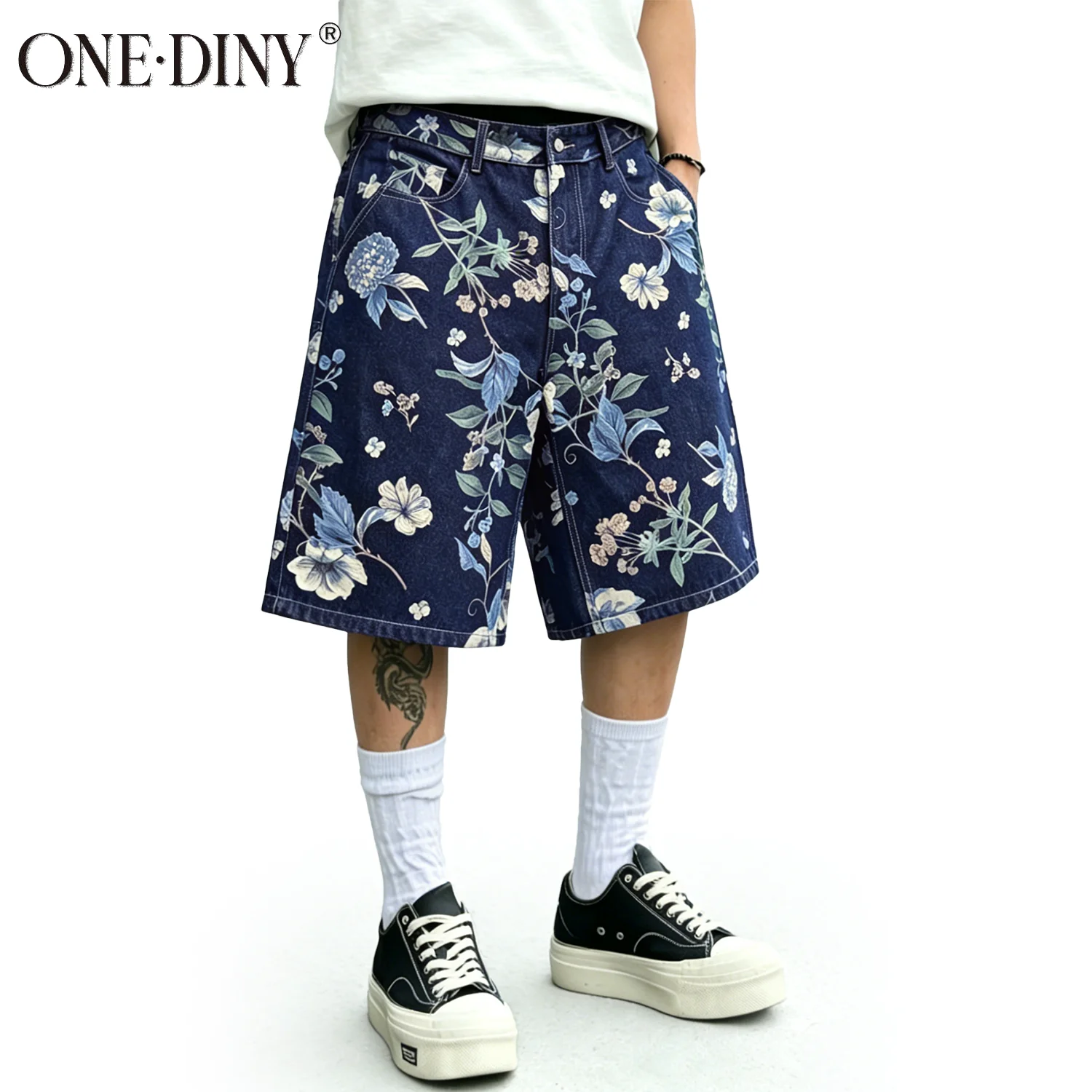 ONE·DINY Japanese Korean Floral Print Jacquard Baggy Wide-leg Jeans Shorts Street Fashion Shorts Elegant College Style ﻿