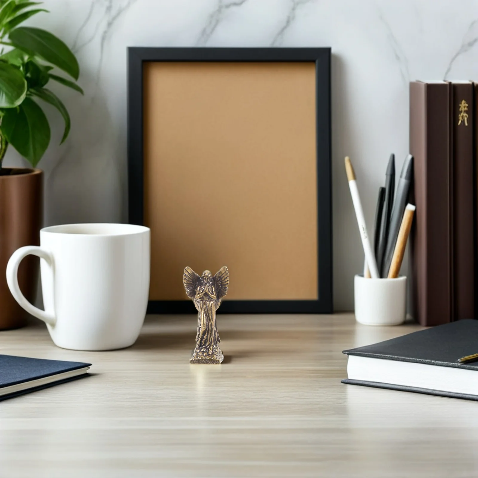 

Brass Angel Sculpture Vintage Handiwork Design Religious Tabletop Decor for Office Home Altar Bookshelf Display Guardian Angel